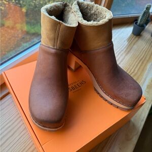 Swedish Hasbeens Brown Shearling Lined Clogs